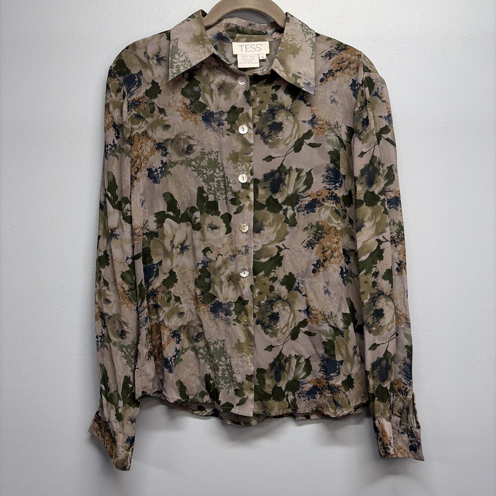 VTG TESS - 100% Silk Button Down Blouse Long Sleeve - Sz Small /Gray Floral